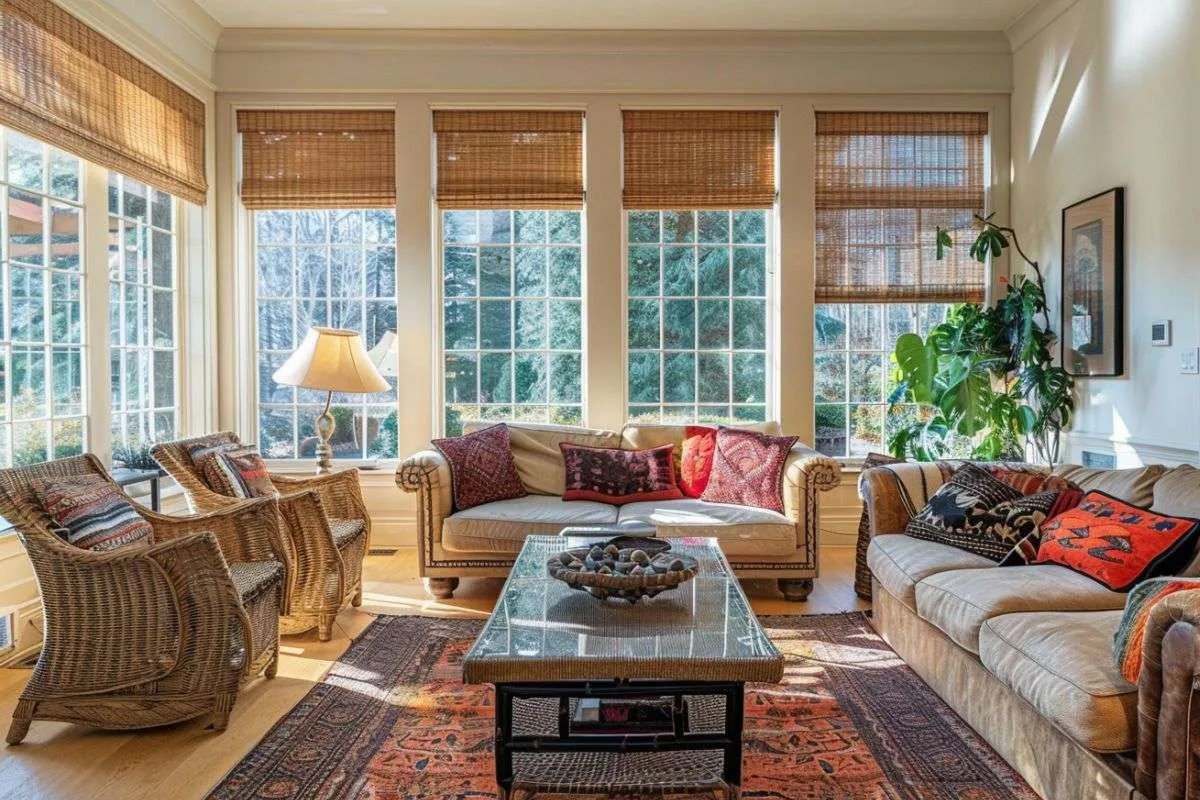 large windows with blinds in the living room