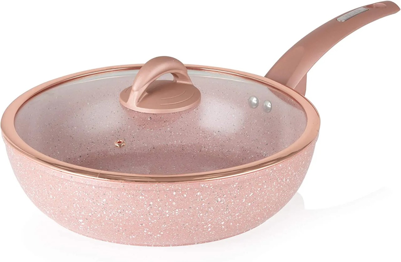 pink speckled wok pan