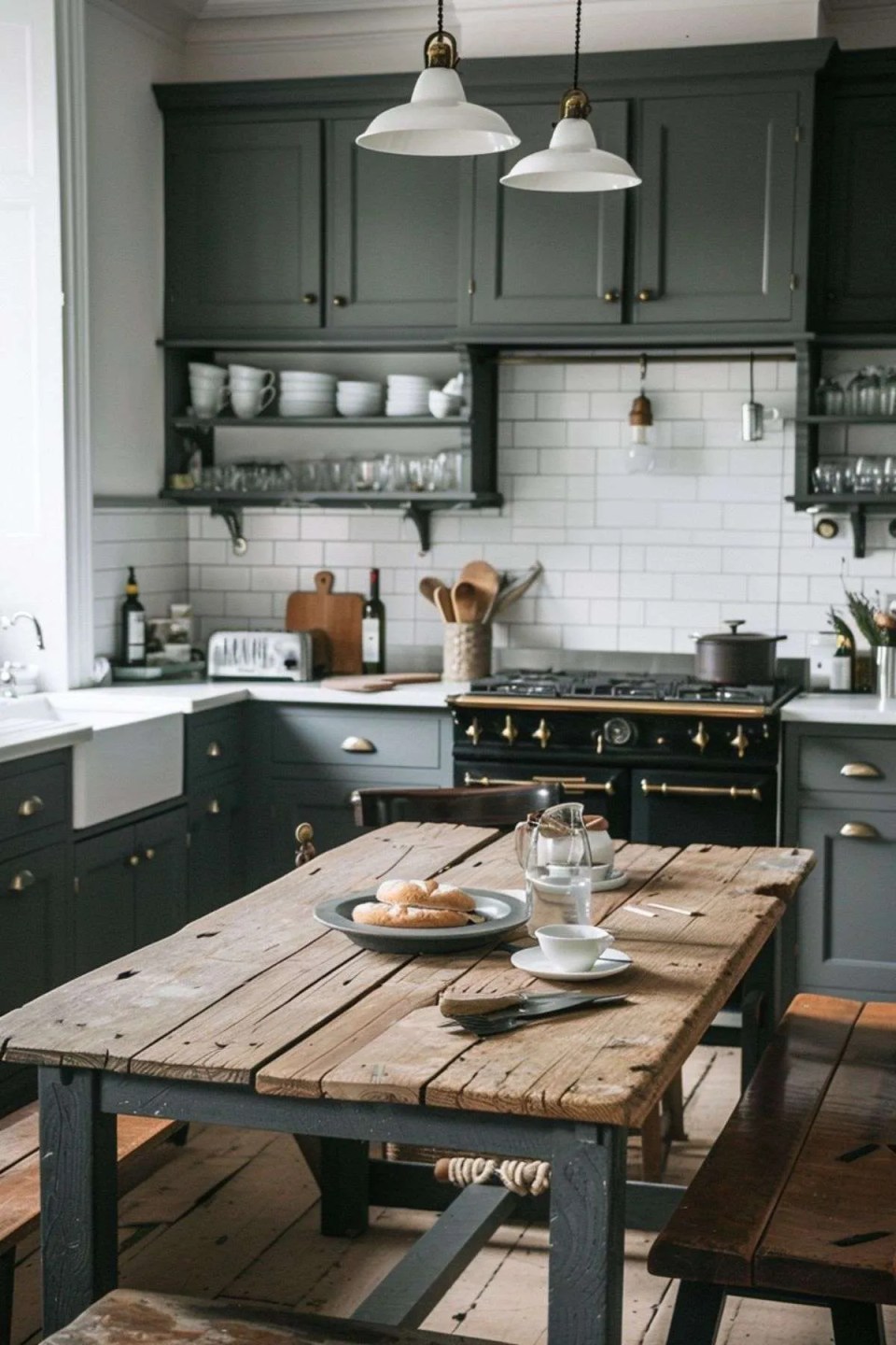 a rustic kitchen with dark grey units