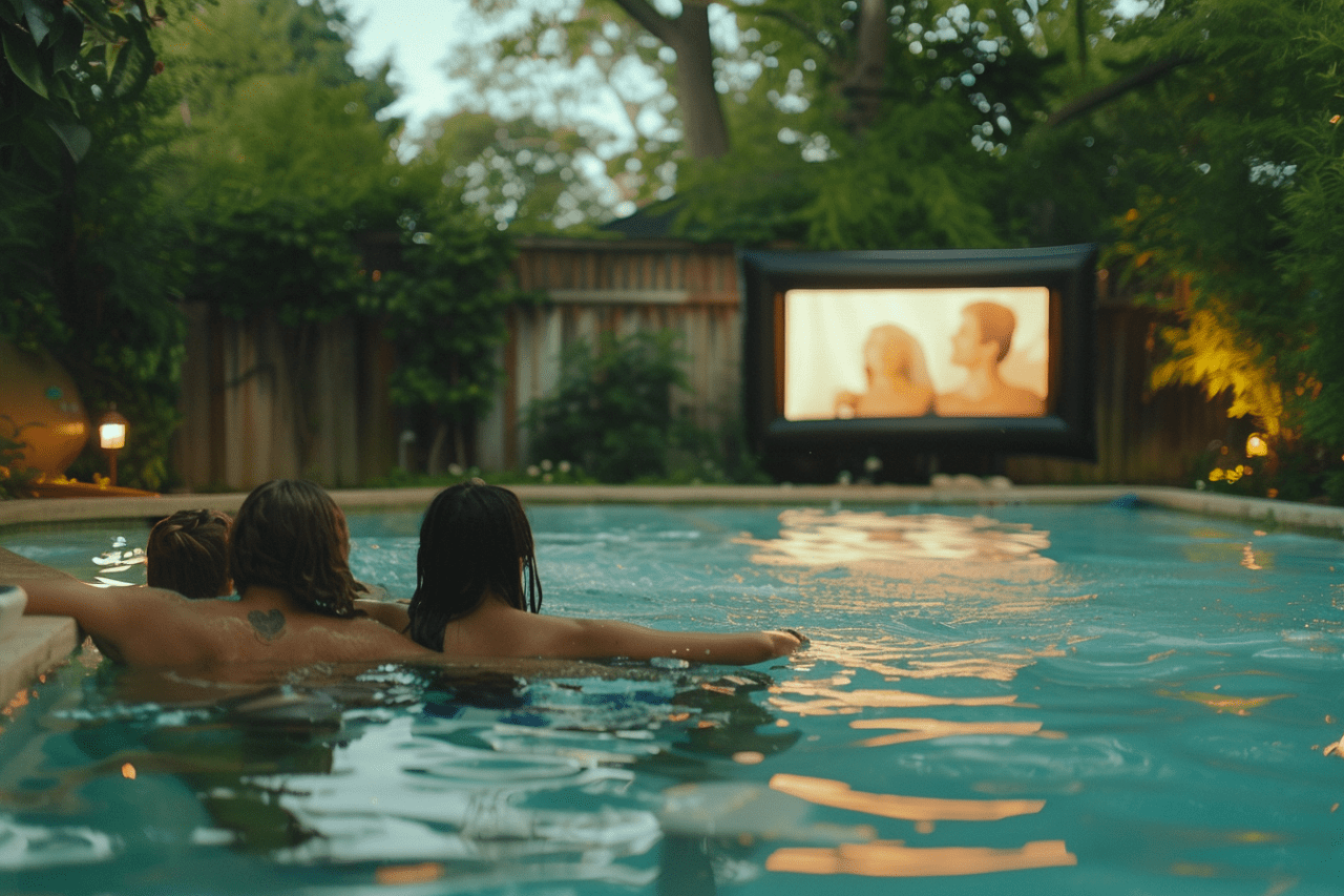 people watching a movie in a garden pool